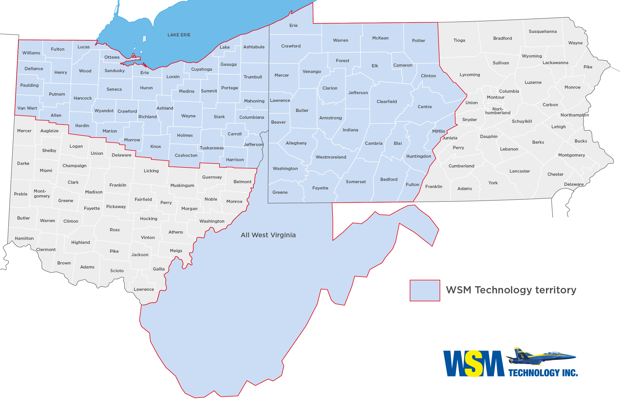 WSM Technology service territory map — Ohio, Pennsylvania and West Virginia counties